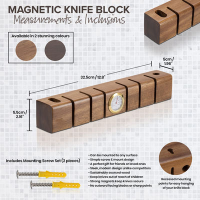 Multifunctional Wood Magnetic Knife Holder with Thermometer and Hygrometer 325x55x50mm