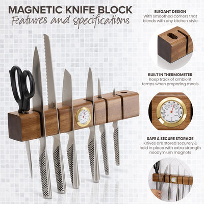 Multifunctional Wood Magnetic Knife Holder with Thermometer and Hygrometer 325x55x50mm