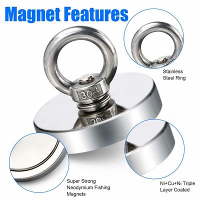 120KG Pull Recovery Neodymium Fishing Magnet with Precise Tolerance /-1% and Rope Eyebolt