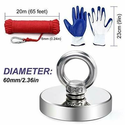 120KG Pull Recovery Neodymium Fishing Magnet with Precise Tolerance /-1% and Rope Eyebolt