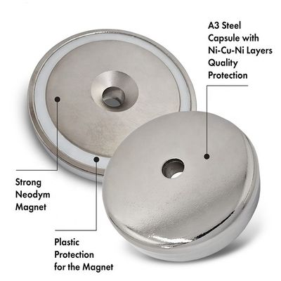 75kg Force Neodymium NdFeB Shallow Pot Magnet with Countersunk Mounting Hole D48x10.8mm