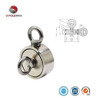 D75mm 200 kg Pull Force Double Sided Round Strong Magnetic Fishing Kit Salvage Magnet with Hook