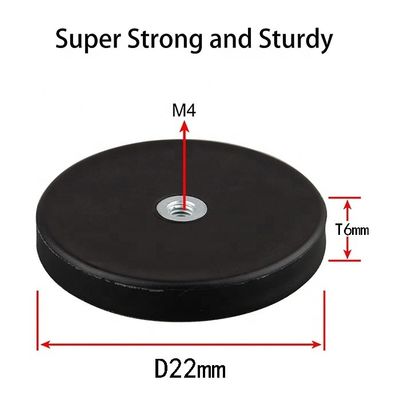 Neodymium Round Magnet D22x6mm with M4 Flat Female Thread Gripper and Rubber Surface