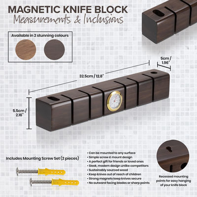 Acacia Wood Knife Holder featuring Super Strong Magnets and Multifunctional Hygrometer
