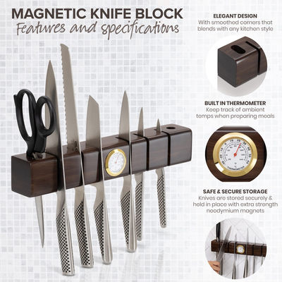 Acacia Wood Knife Holder featuring Super Strong Magnets and Multifunctional Hygrometer
