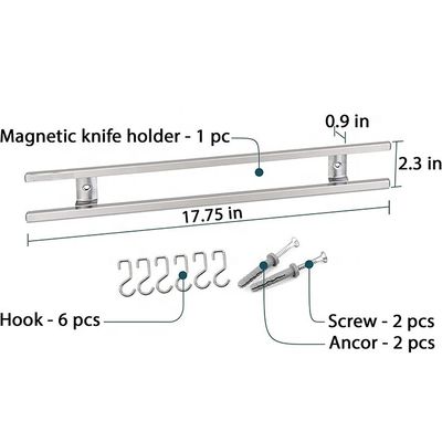 18 Inch Square Tubes Stainless Steel Magnetic Knife Strip with 6 Hooks for Kitchen Utensil Holder Tool Organizer