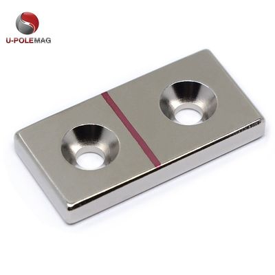 N45 Square Block Countersunk Hole Magnet in Bright Silver Sintered Neodymium Material